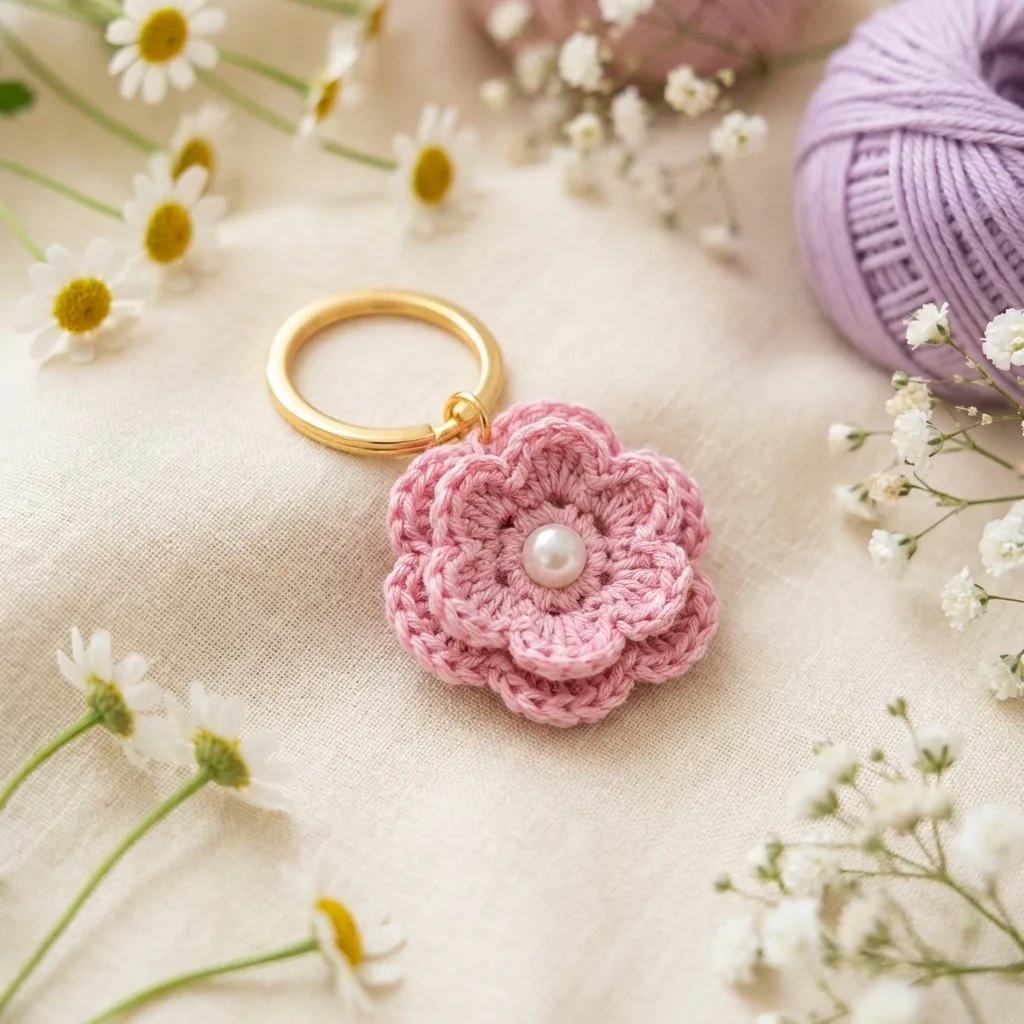 Pink layered mini crochet flower with pearl center attached to a gold key ring