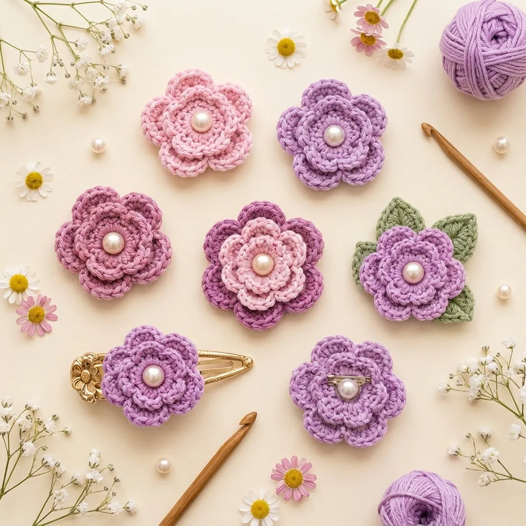 Crochet flower variations in pastel colors with pearl leaves hair clip and brooch