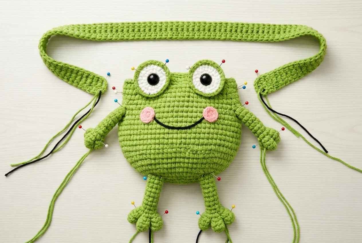 Assembly placement photograph for the crochet frog crossbody bag pattern with eyes cheeks smile limbs and strap pinned to the body