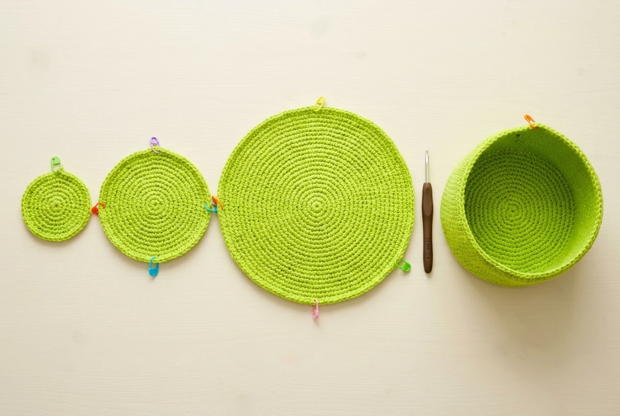 Photographic body progression for the crochet frog crossbody bag pattern showing flat circles and the deep round pouch