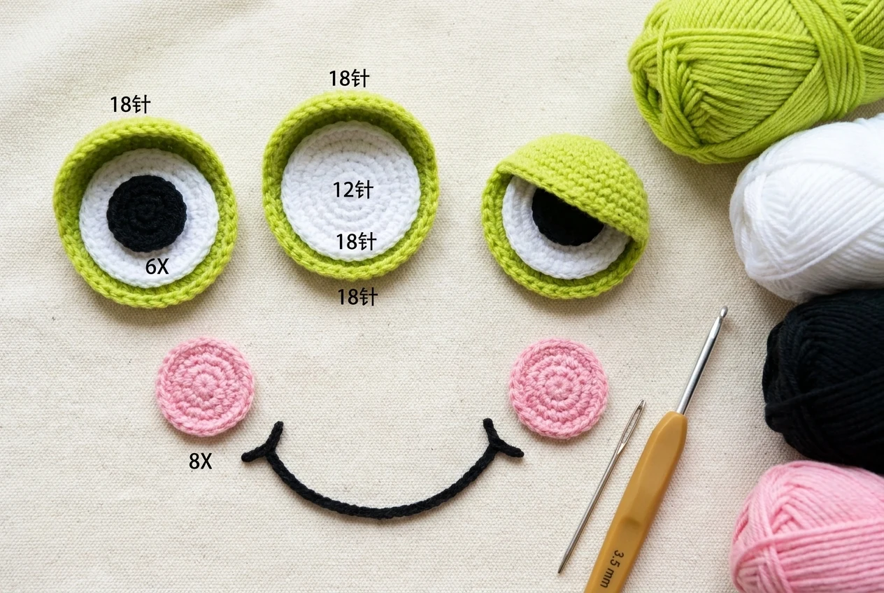 Layered eye cheek and smile pieces for the crochet frog crossbody bag pattern arranged before sewing