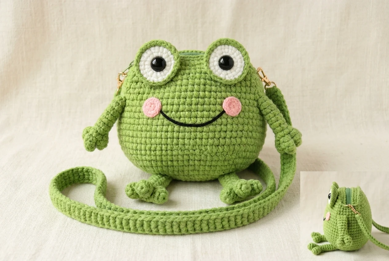Completed classic lime-green crochet frog crossbody bag pattern showing the round body depth face limbs and long strap