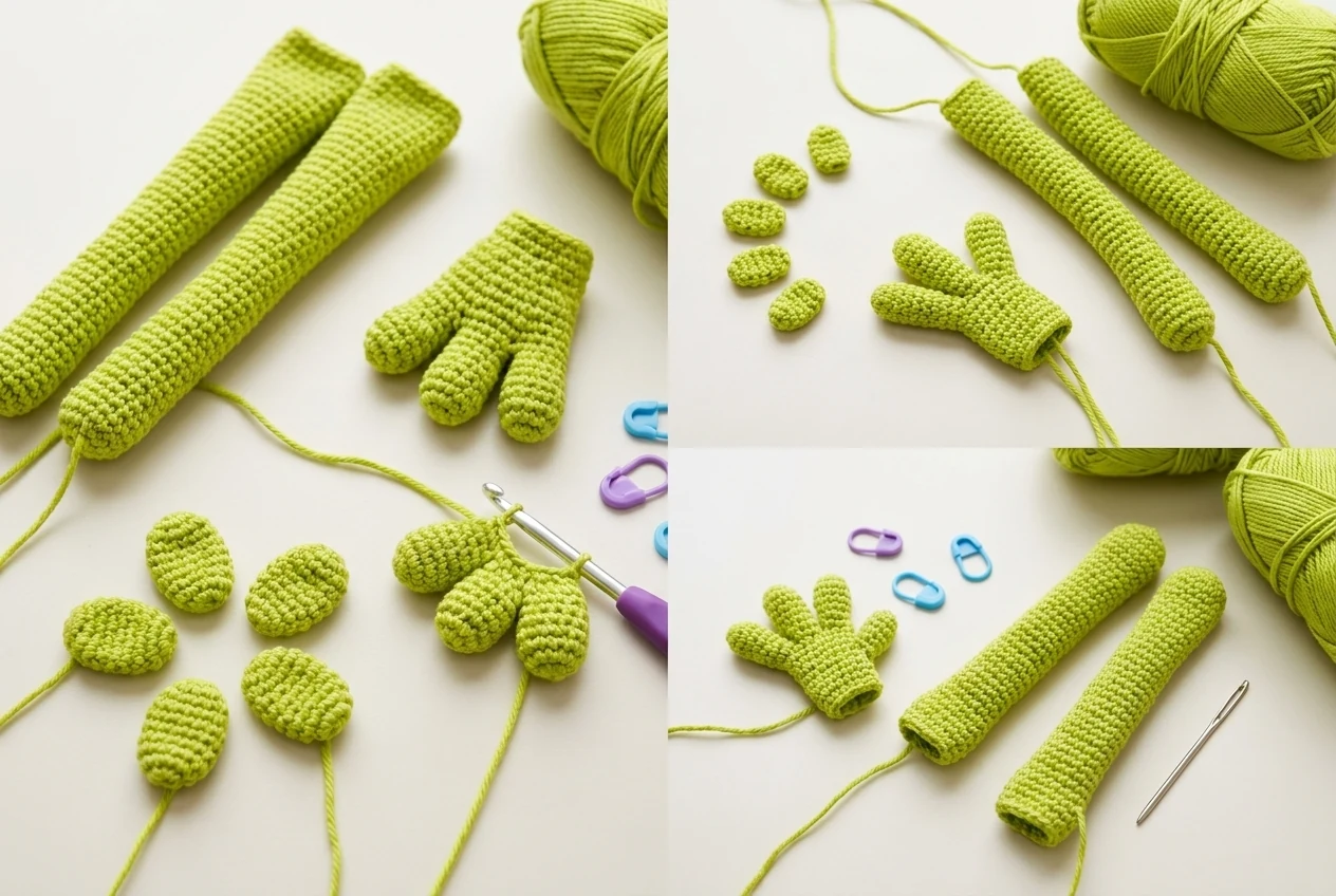 Realistic limb sequence for the crochet frog crossbody bag pattern showing individual toes joined feet fingers hands and long limbs