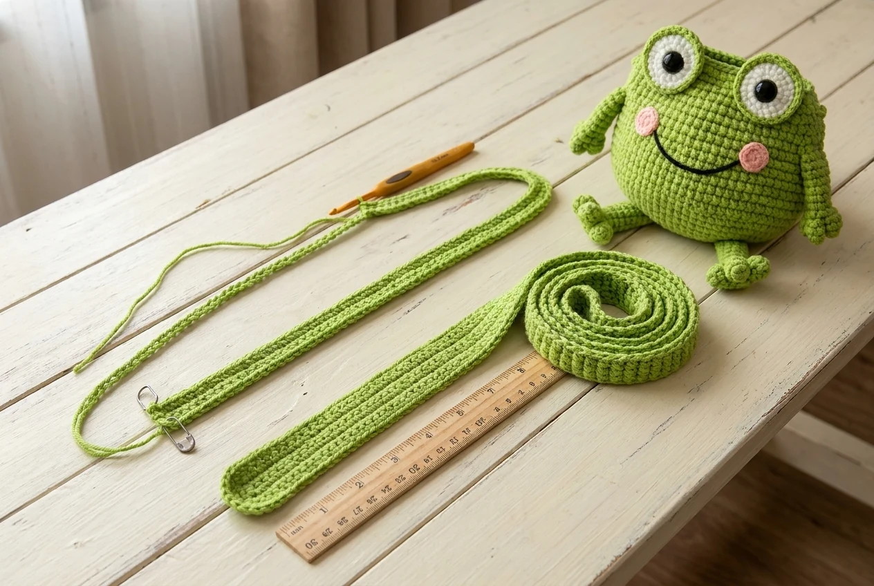 Crocheted strap stages for the crochet frog crossbody bag pattern from foundation chain to the finished long band