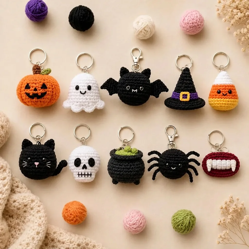 Ten easy crochet Halloween keychain patterns arranged on a warm beige background