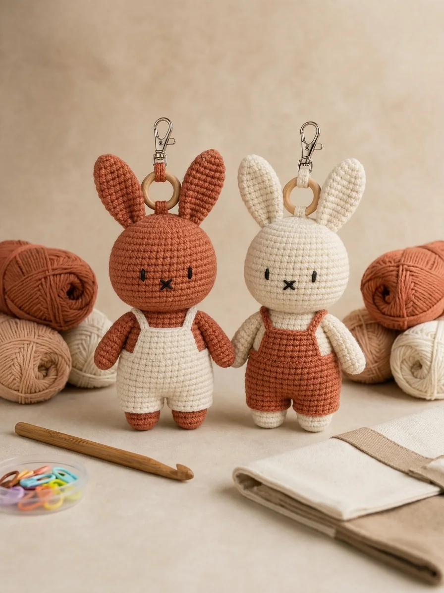 A Gift for a Crochet Enthusiast with a rust and cream crochet bunny keychain