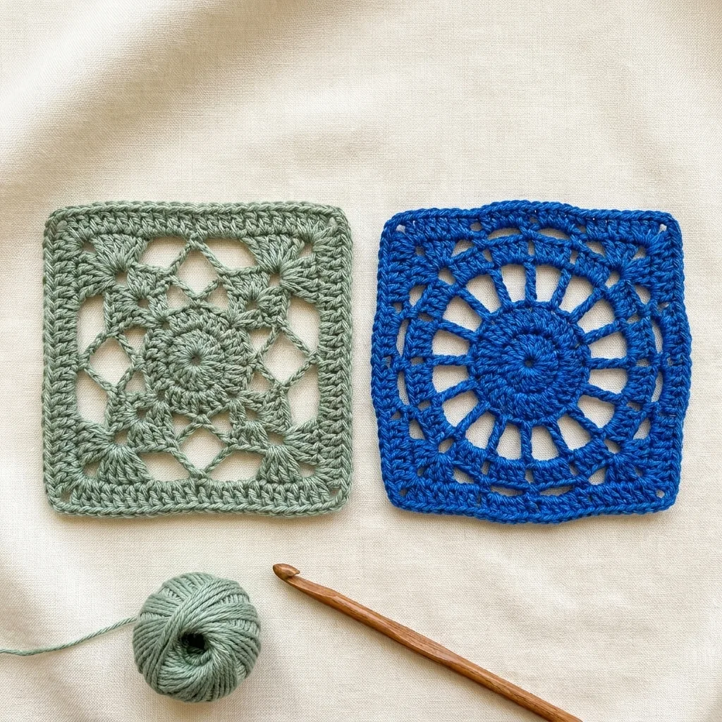 Two free crochet motif patterns in powder blue and plum