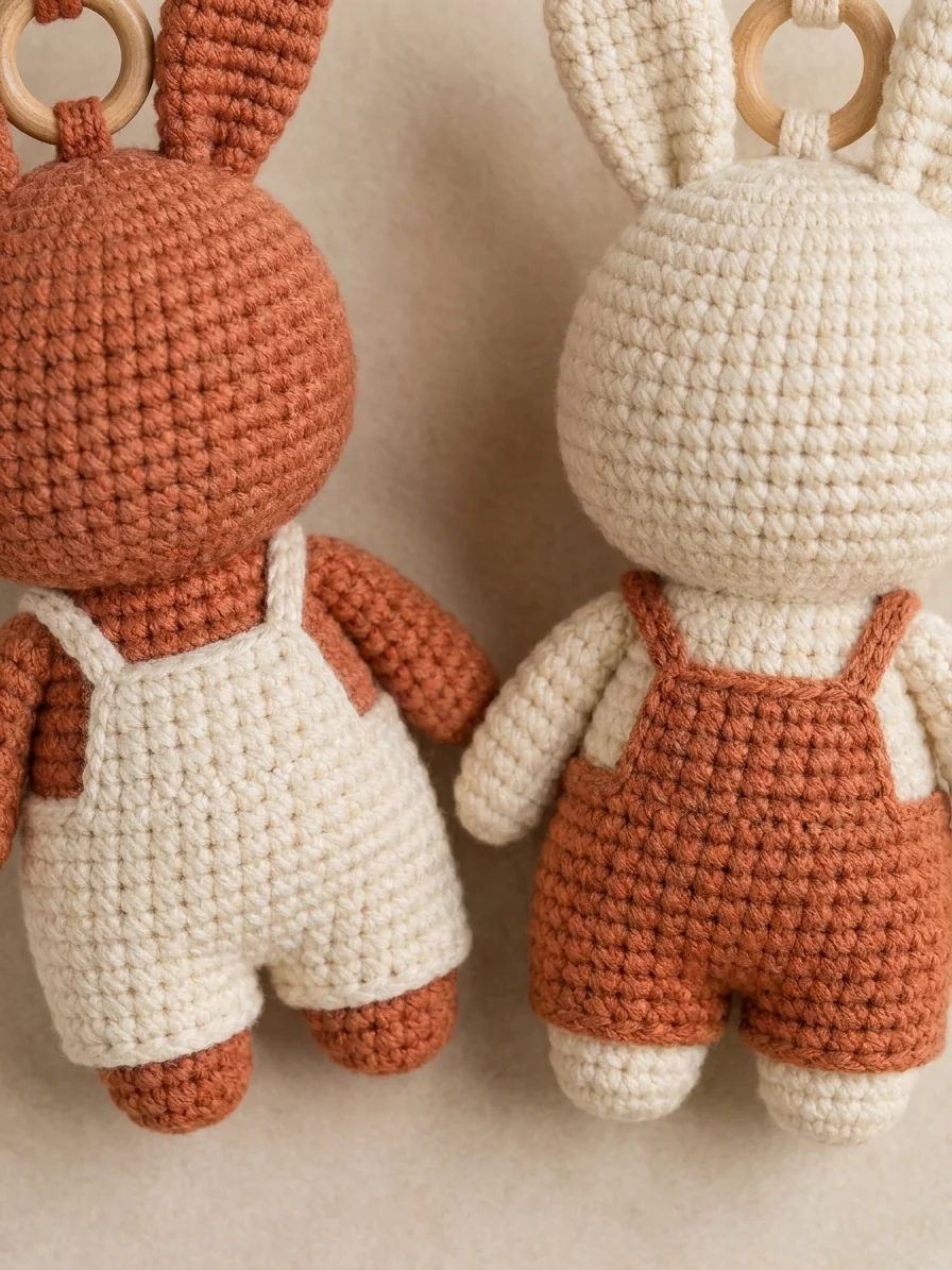 The Contrasting Overall-Style Outfits with a rust and cream crochet bunny keychain