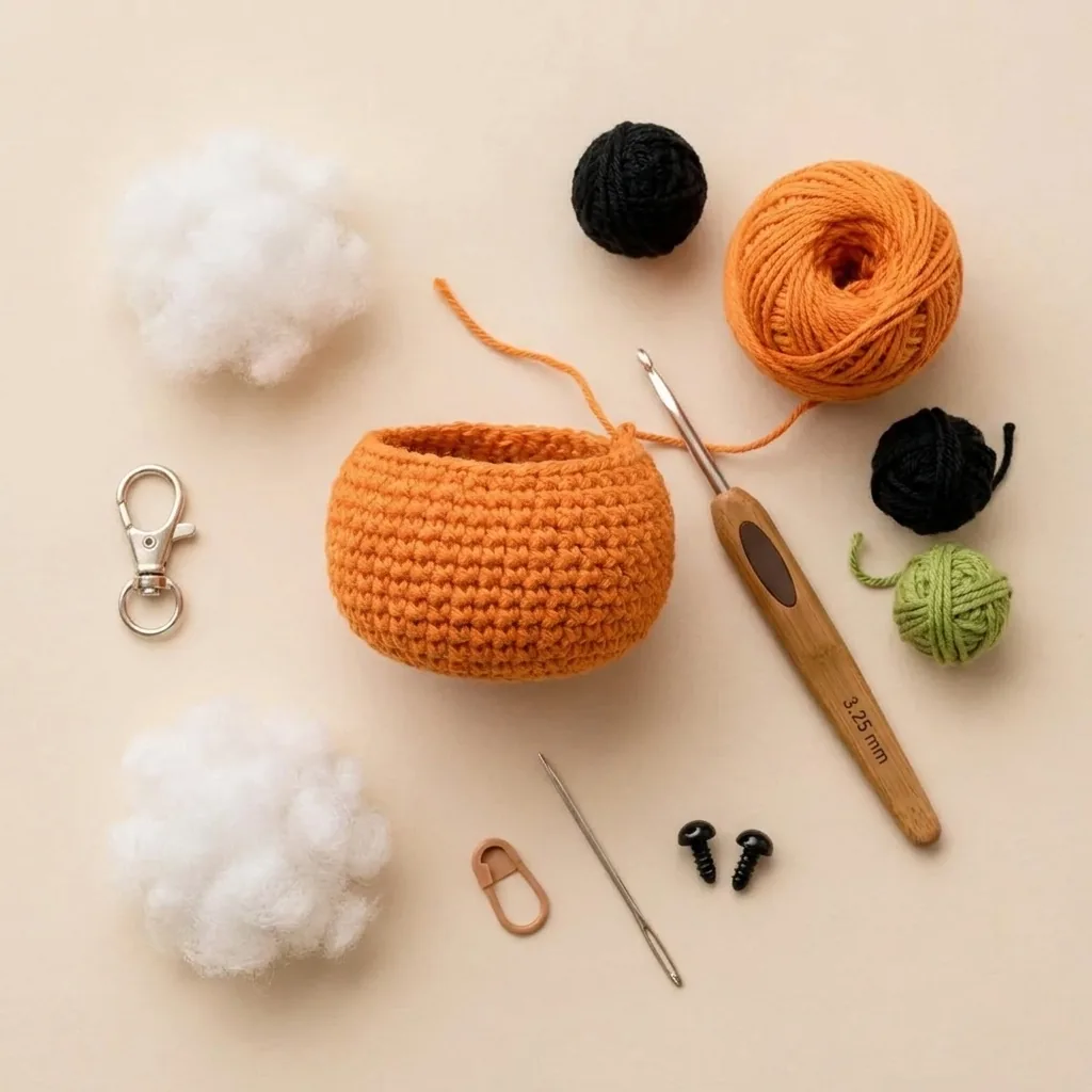 Materials for crochet Halloween keychain patterns including yarn hook fiberfill and hardware