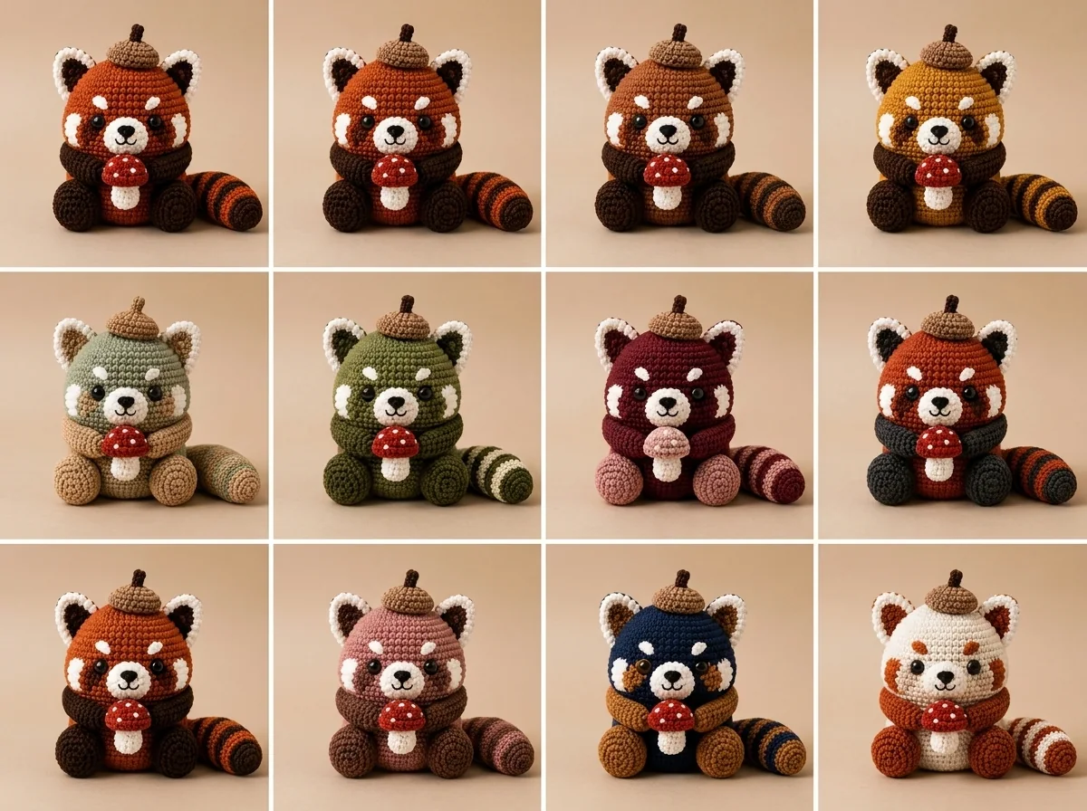 Eleven crochet red panda color combinations in a woodland palette