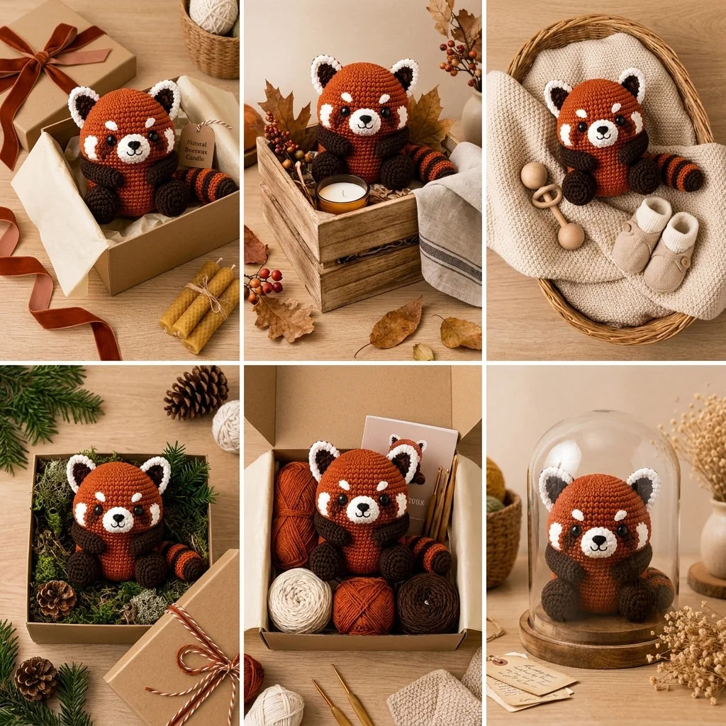 Crochet red panda gift ideas in woodland-style packaging