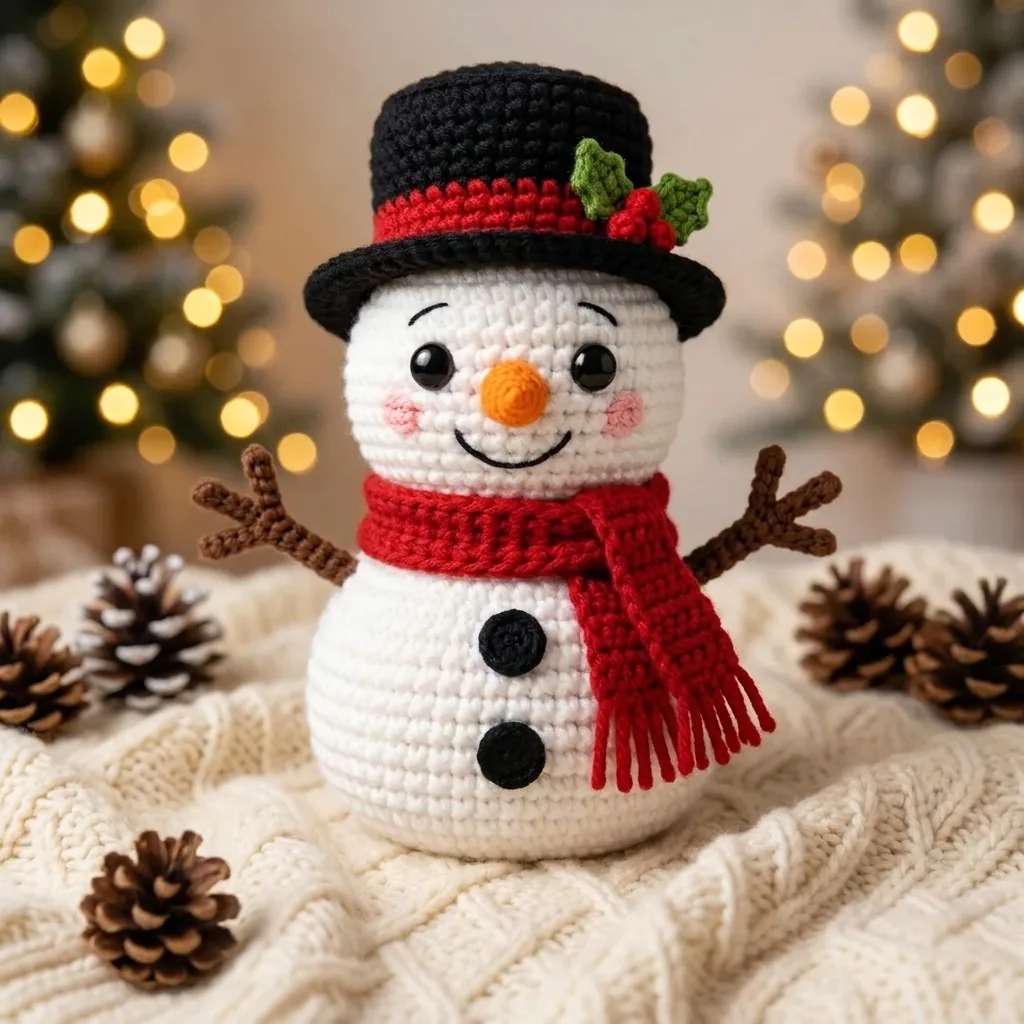 Finished crochet snowman with black top hat red scarf holly and branch arms