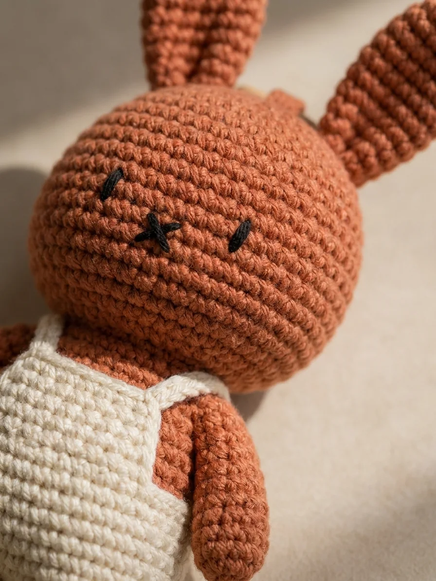 The Repeated Crochet Stitch Texture with a rust and cream crochet bunny keychain