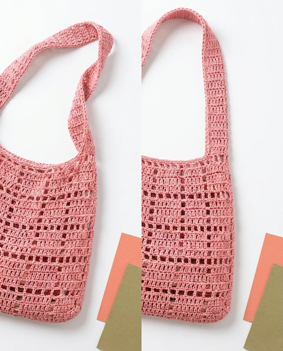 crochet tote bag strap placement with aligned tapered straps