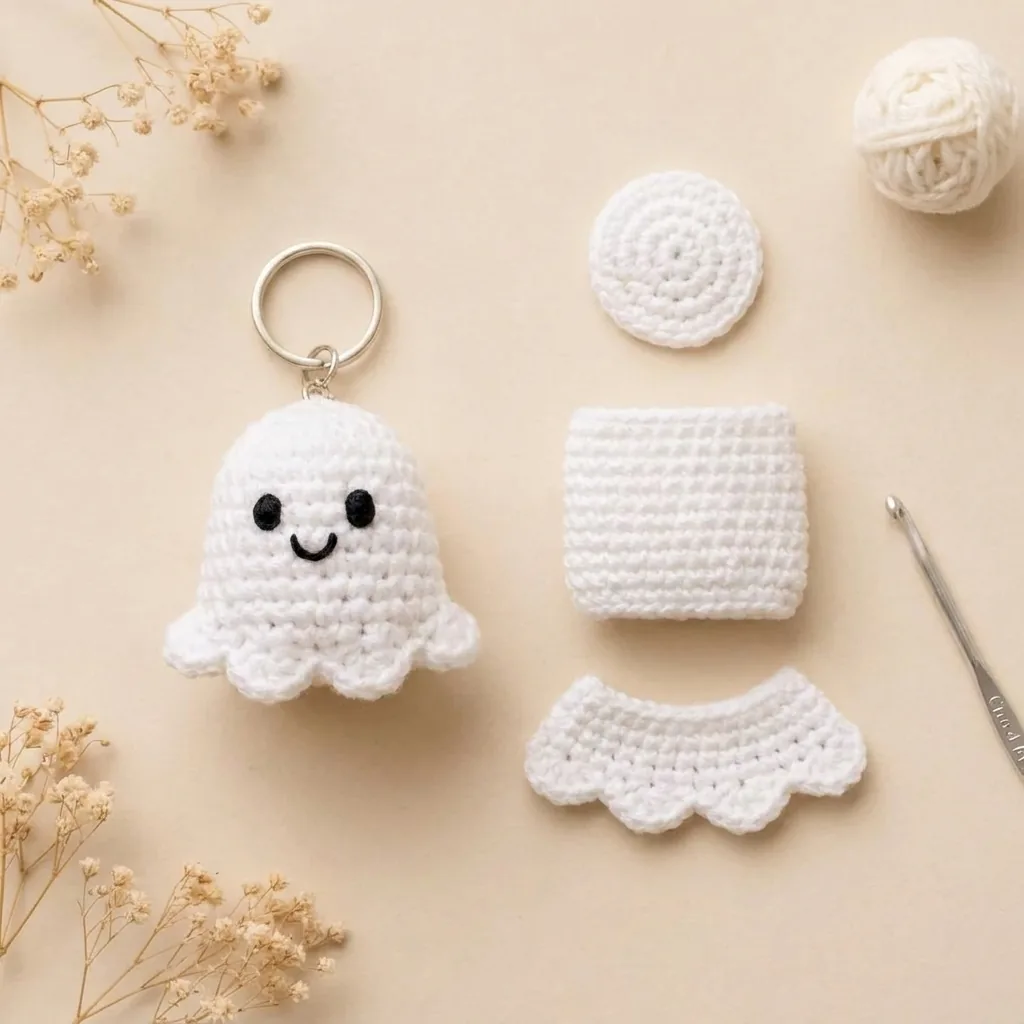 Cute ghost crochet keychain pattern with crown body and scalloped hem construction stages