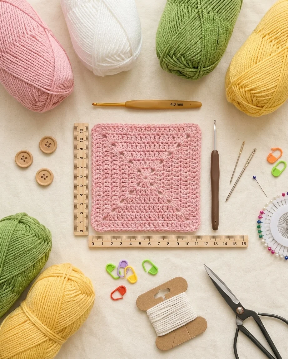 Pink, white, green, and yellow DK yarn with blocked gauge swatch