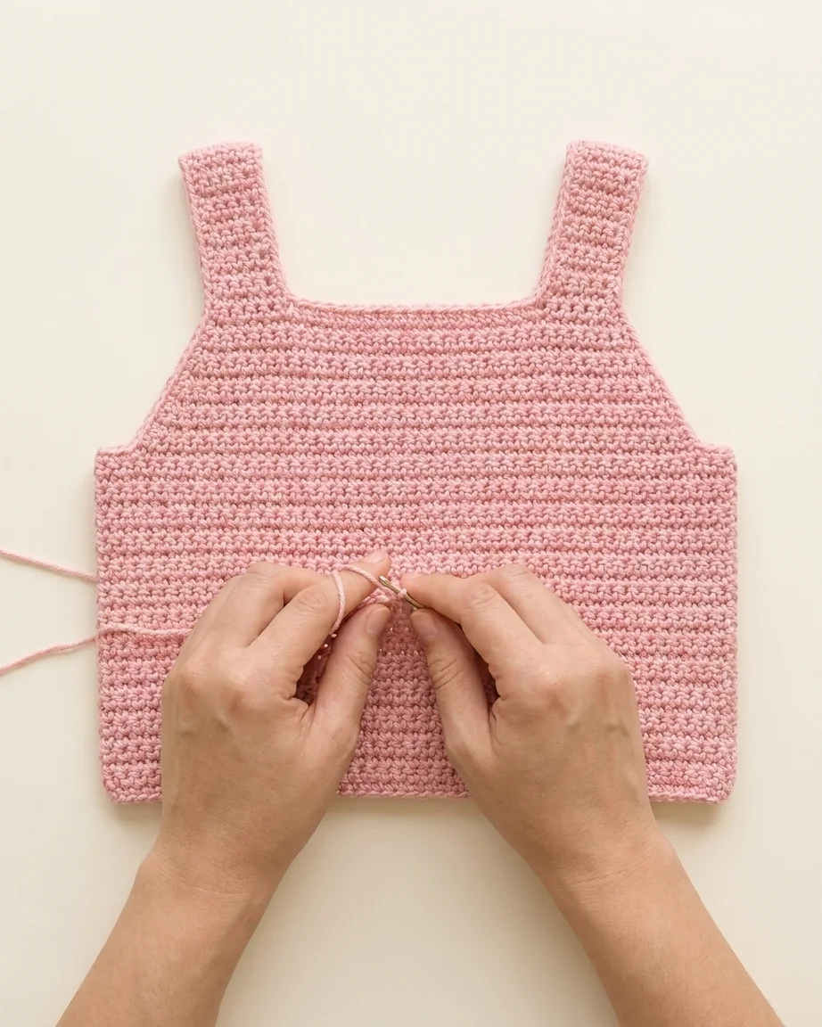 Crocheting the pink back panel with armhole shaping