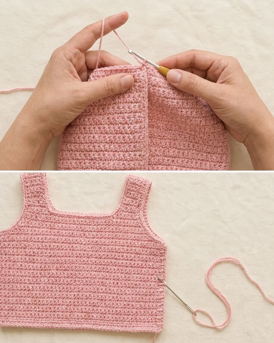 Joining shoulders and side seams of the crochet top