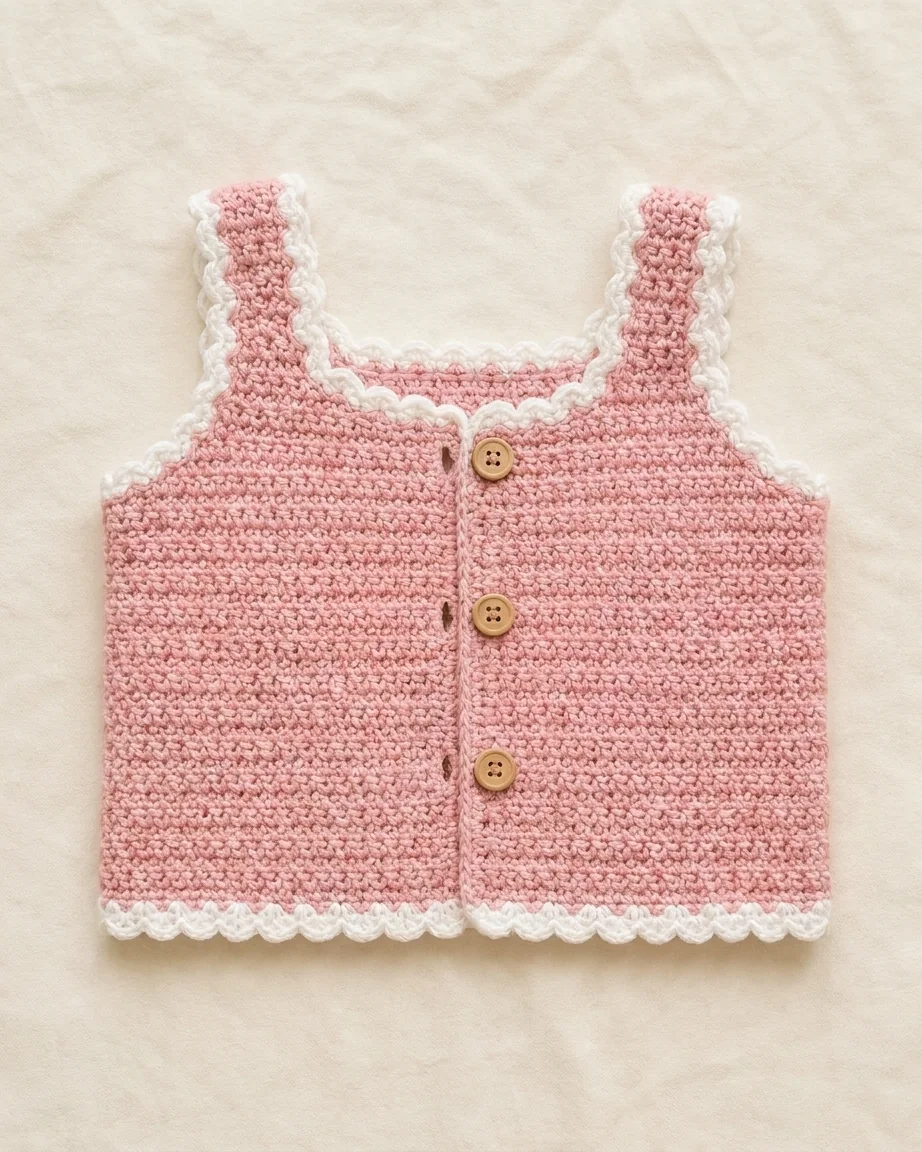 White scallop edging and wooden button bands on the pink top