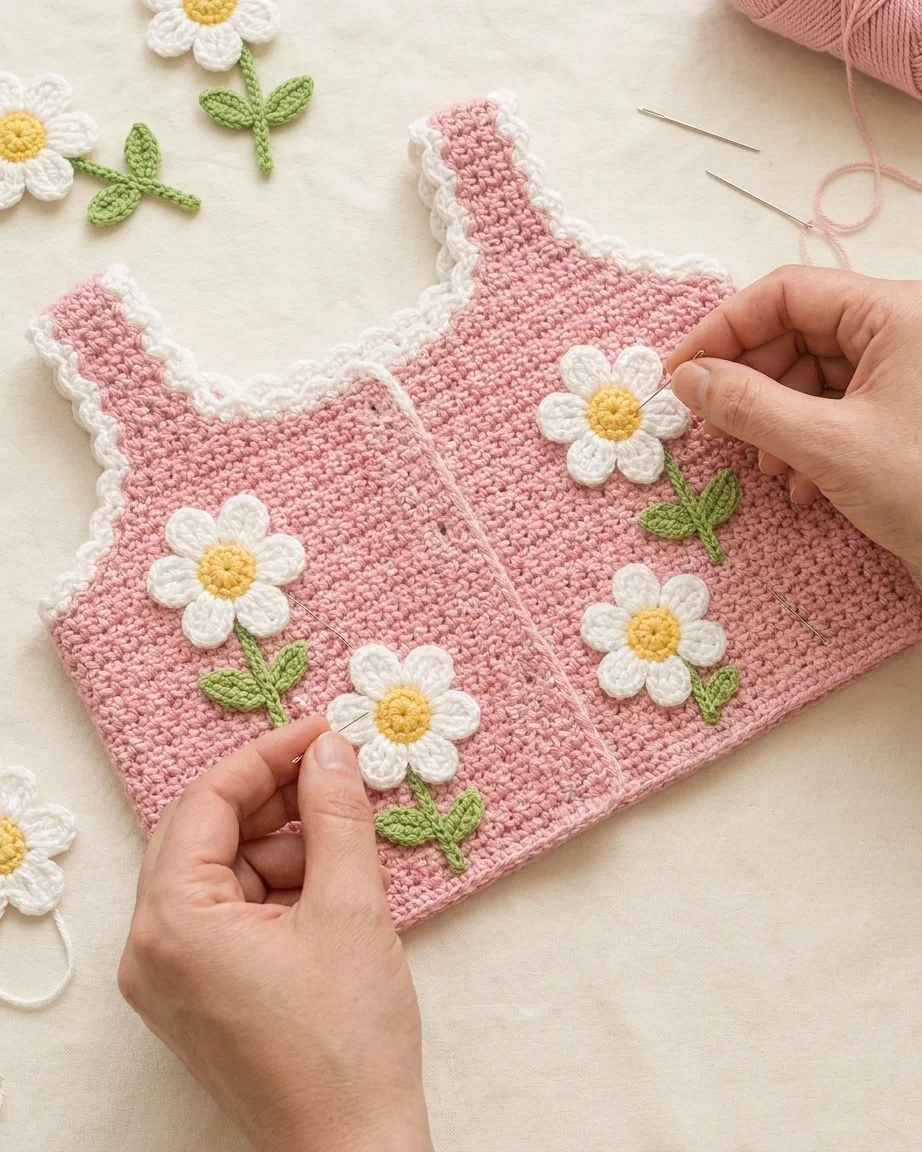 Attaching four six-petal daisies with stems to the top