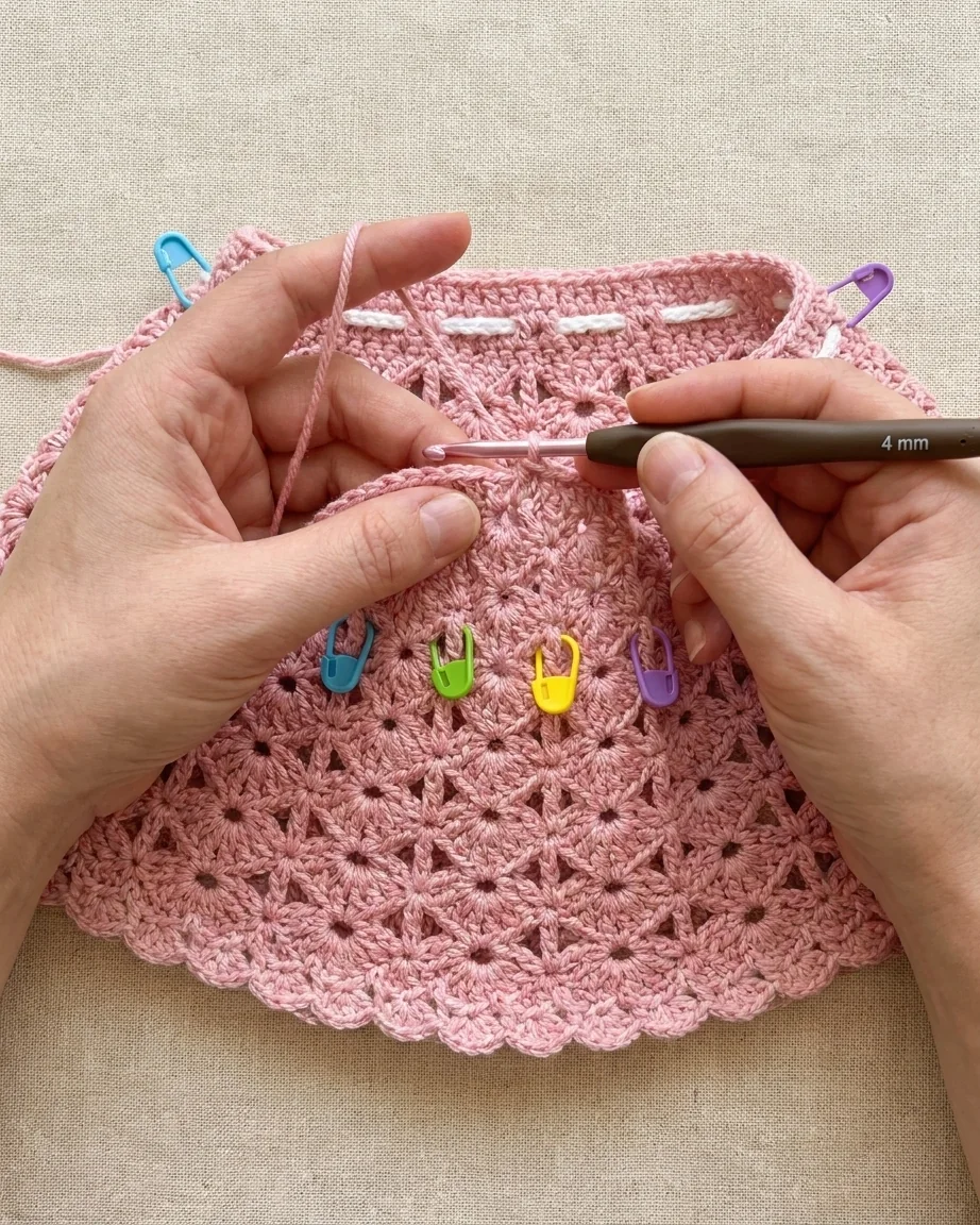 Crocheting the pink shell-stitch skirt with balanced markers