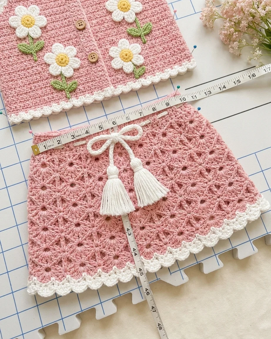 Finishing scallop hem, drawstring tassels, and blocking the set