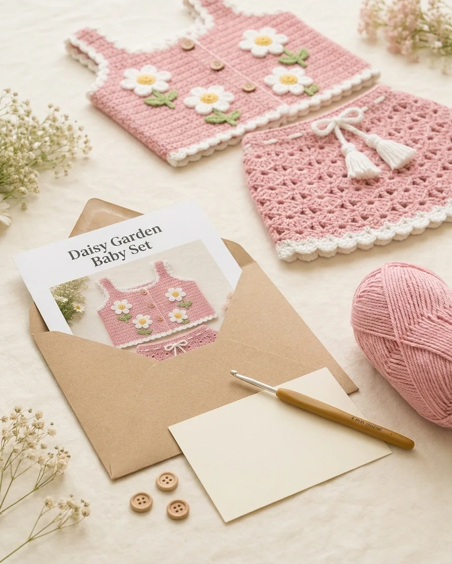 Baby-shower pattern gift with pink yarn and wooden buttons