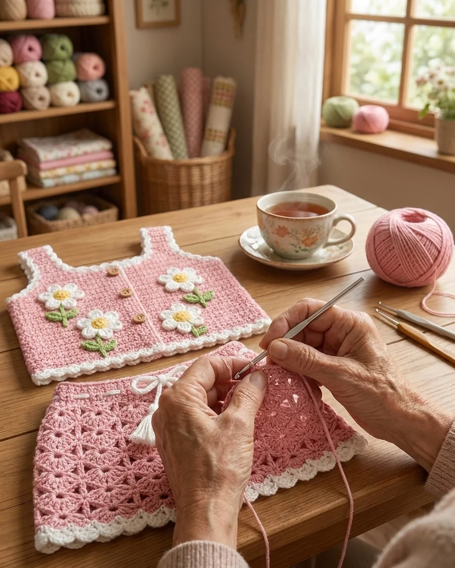 Older adult hands crocheting the Daisy Garden set