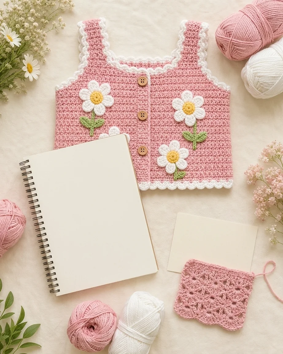 Daisy Garden set beside swatch and project notebook