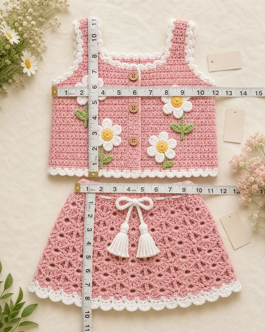 Measuring finished Daisy Garden top and skirt