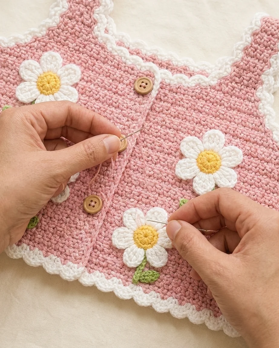 Adult hands securing buttons and daisy appliques