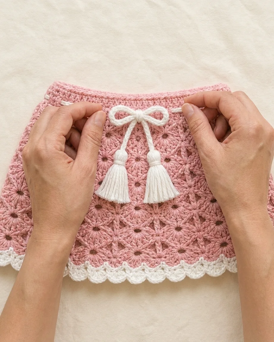 Adult hands checking shortened Daisy Garden skirt drawstring