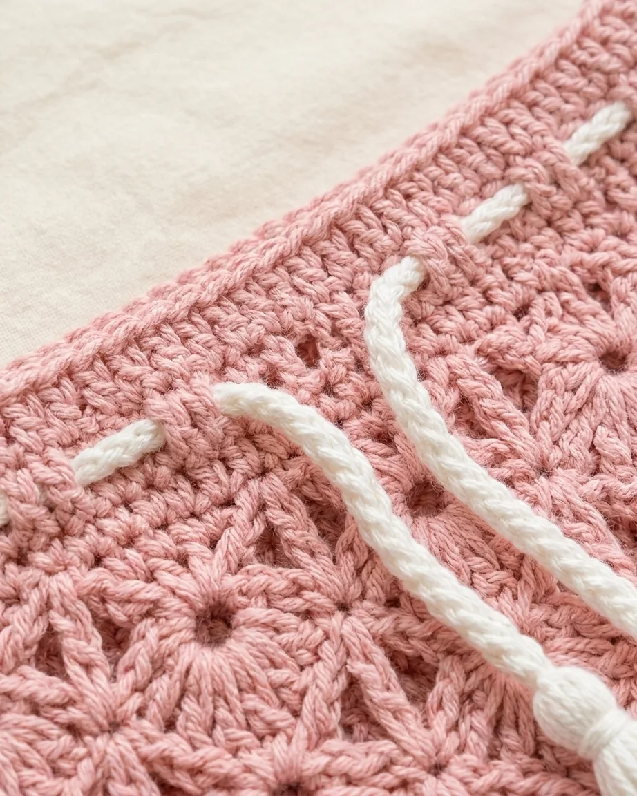 Close-up of shell stitch baby skirt crochet eyelet waistband