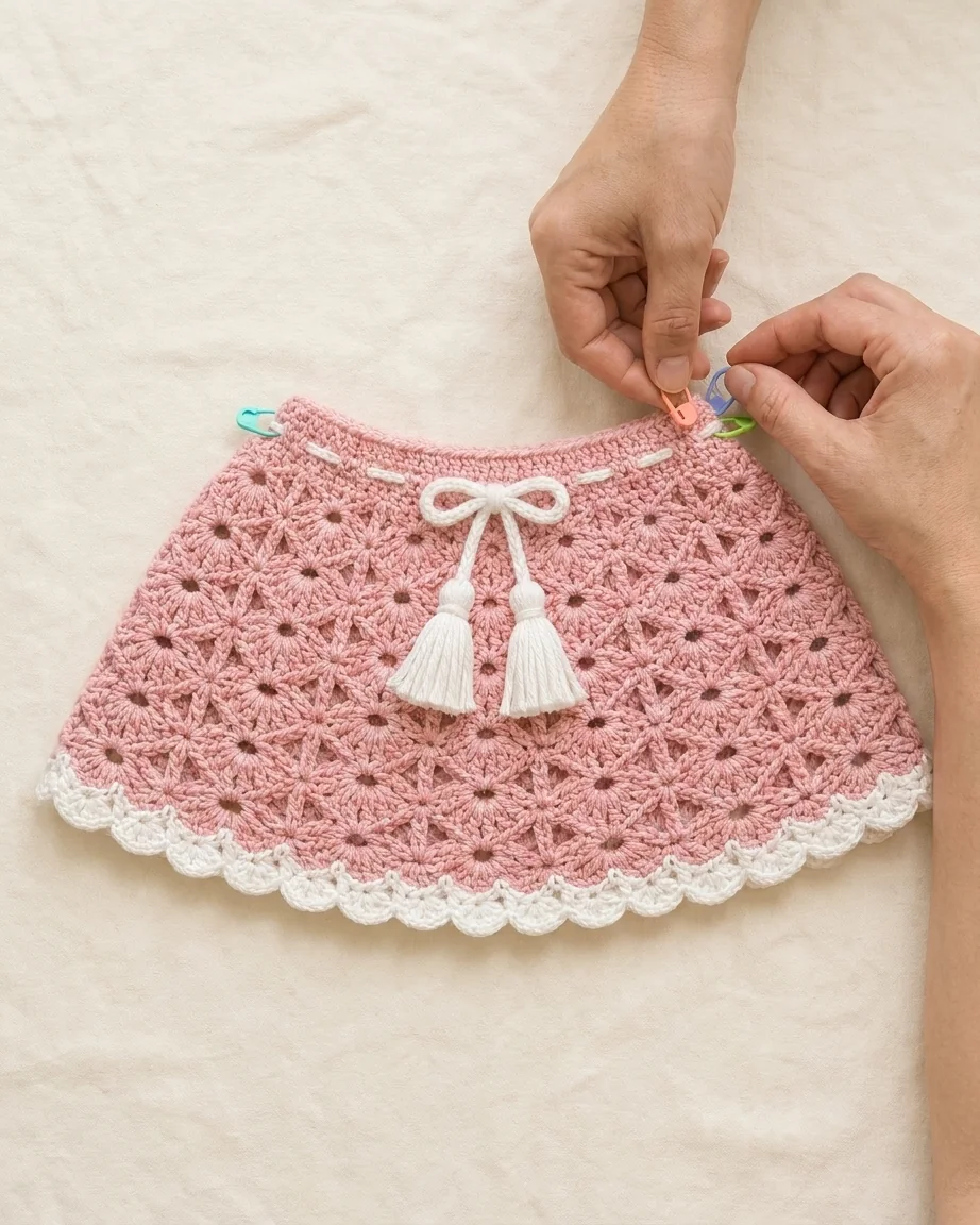 Four evenly spaced markers balancing a crochet skirt flare