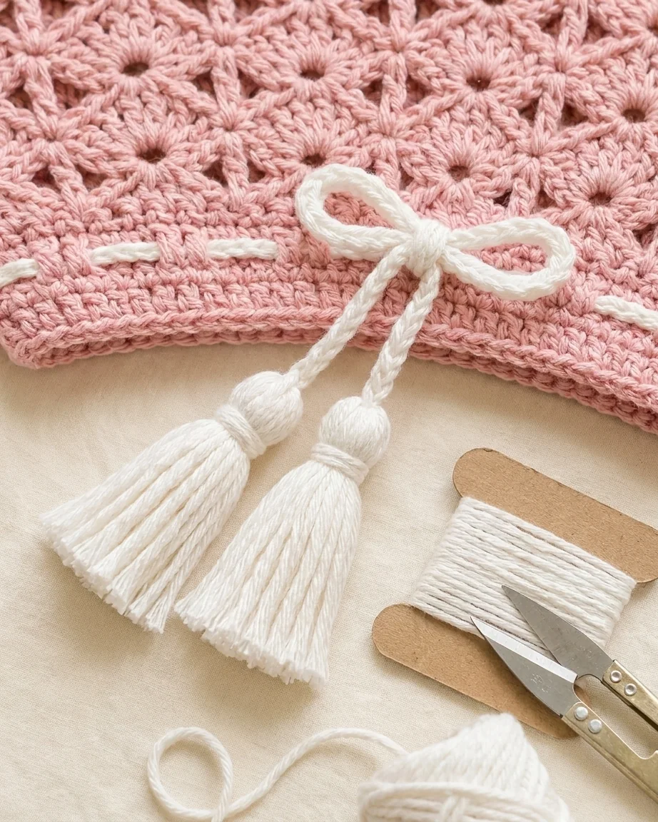 Two five-centimeter white tassels for pink crochet skirt