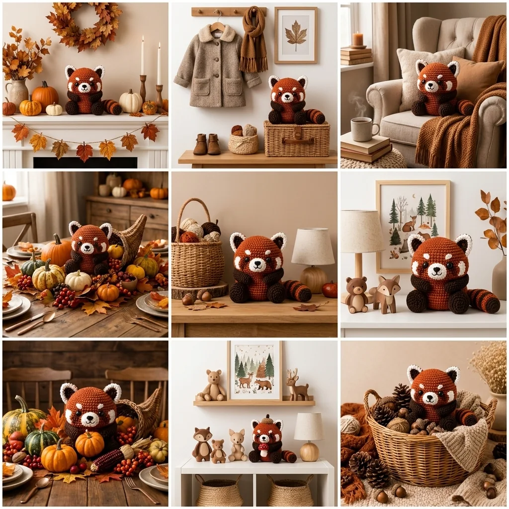 Fall home decor scenes with crochet red panda amigurumi