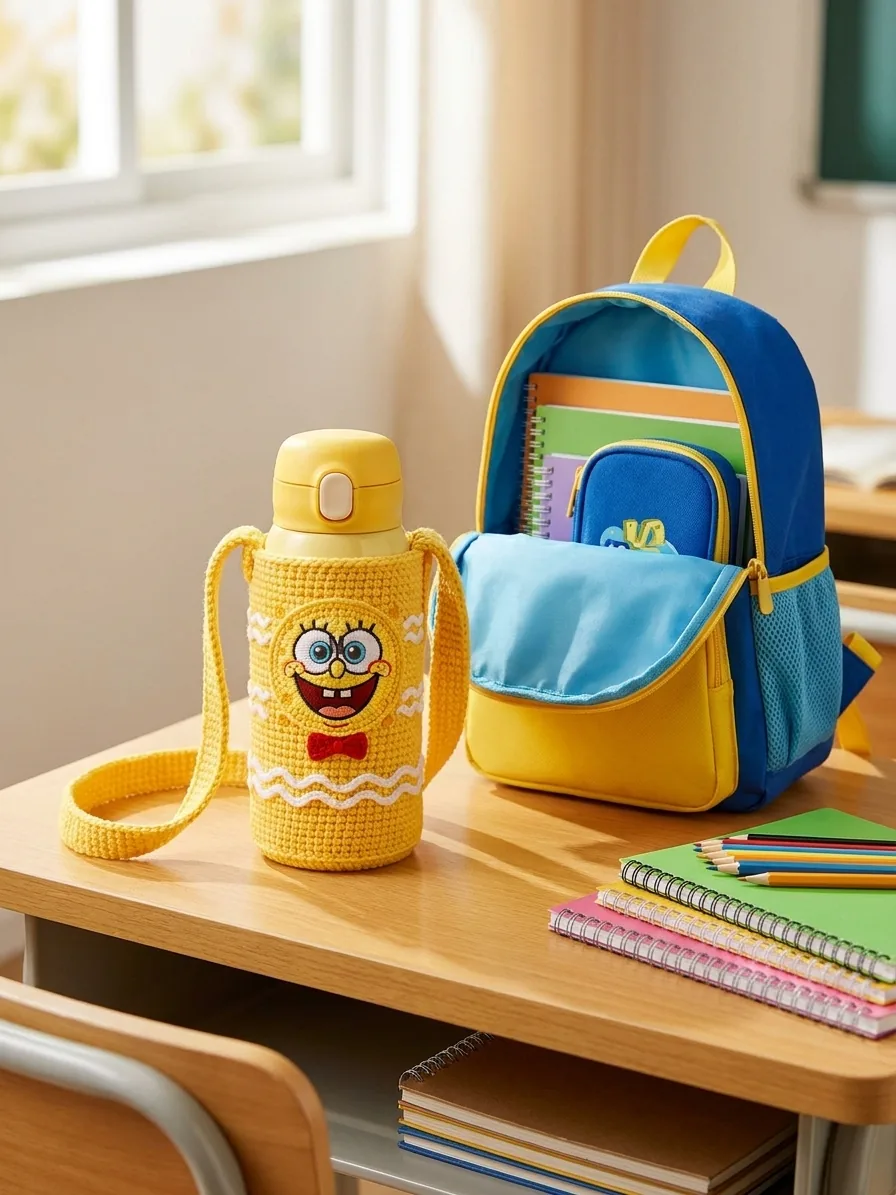 School bottle holder design for the Sunny Sponge crochet bottle holder