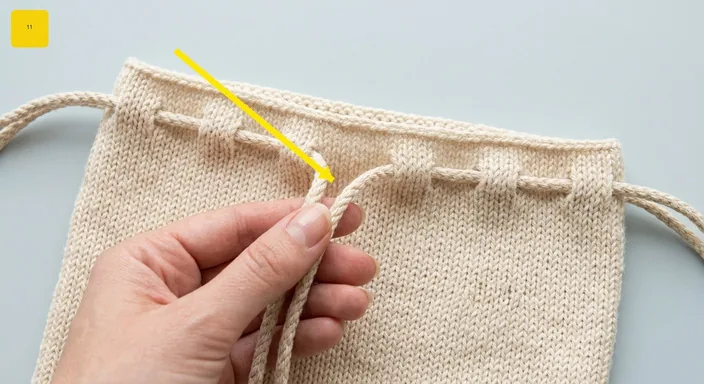 Drawstring threaded through crochet eyelets