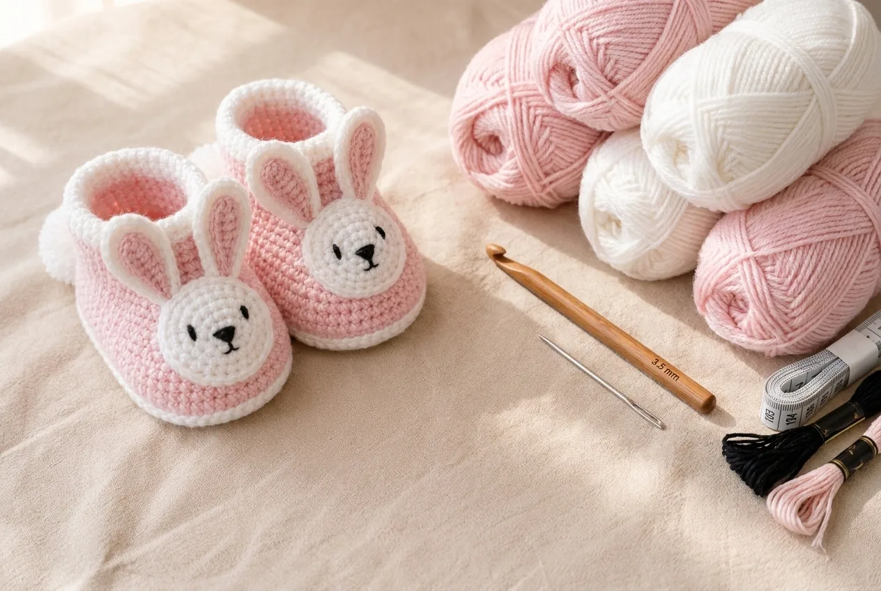Pink crochet bunny booties with yarn and hook