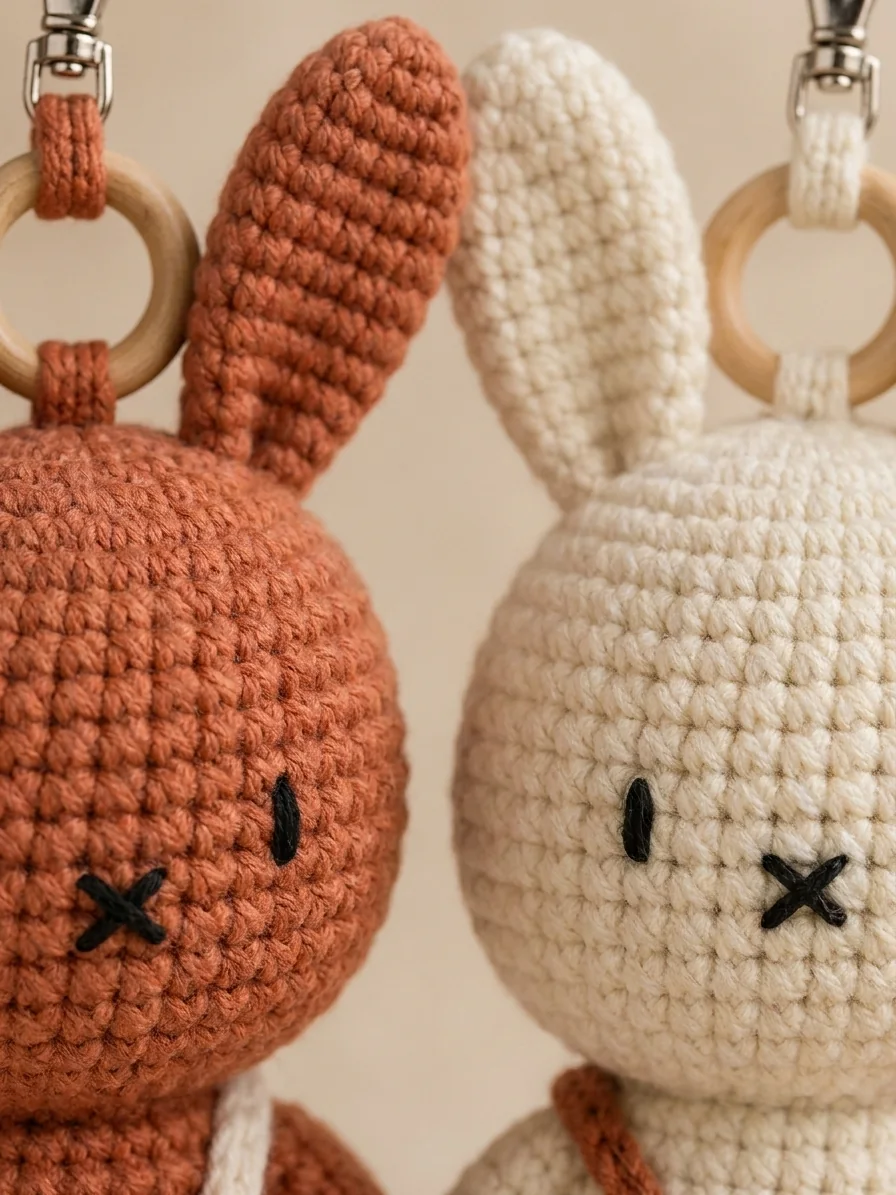 The Minimal Embroidered Facial Features with a rust and cream crochet bunny keychain