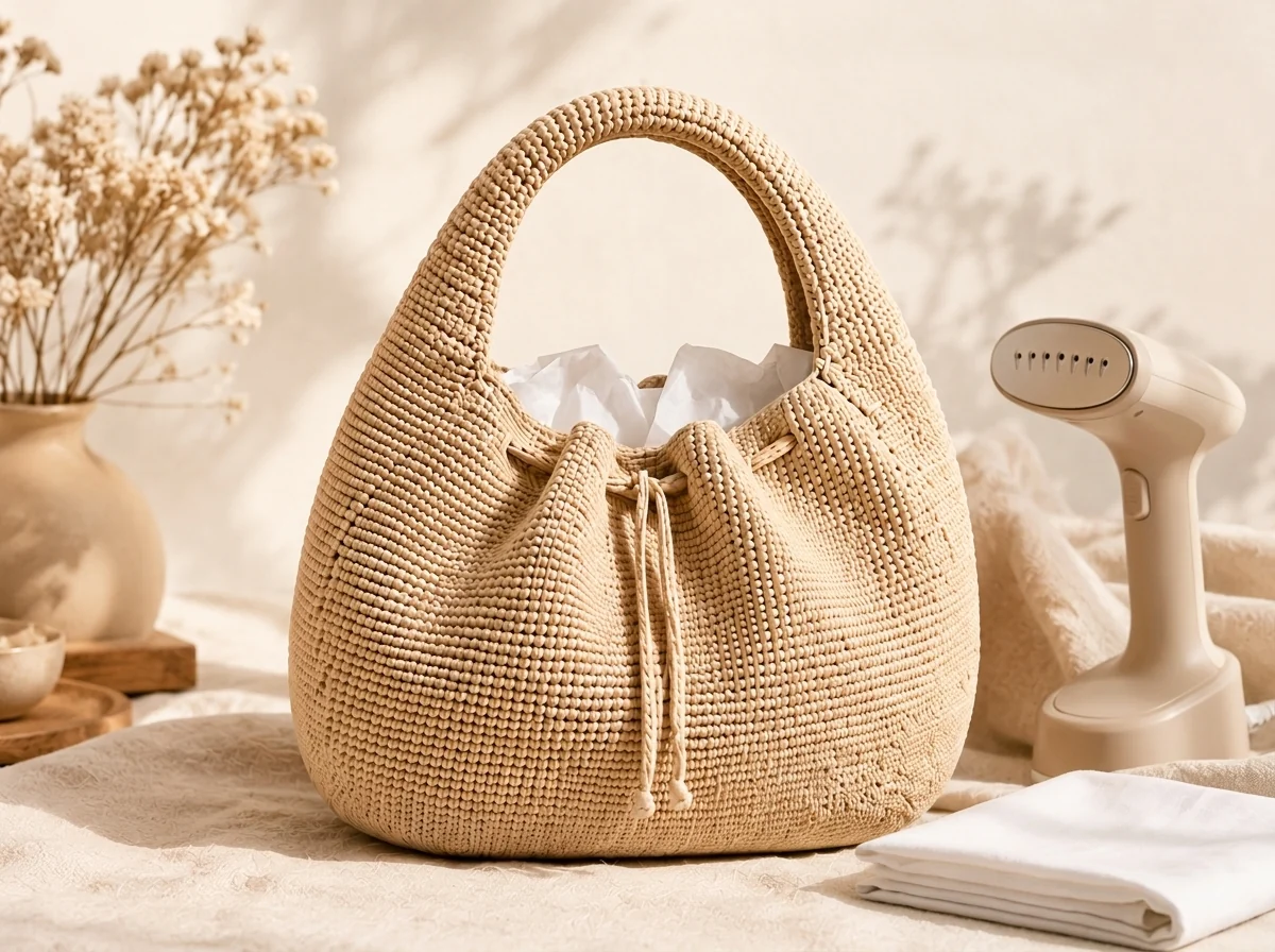 full crochet crescent handbag prepared for gentle steam shaping