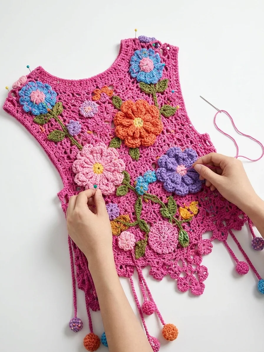 Crochet flowers and leaves being pinned to a pink lace tunic