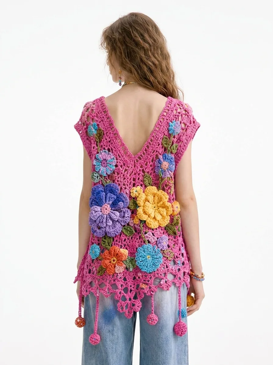 Back view of a pink floral crochet tunic with a deep V neckline