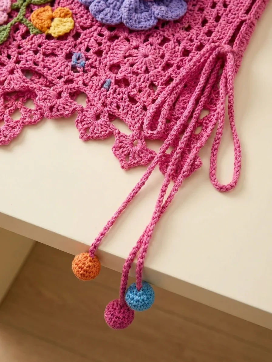 Pointed pink crochet hem edging and long cords with crochet ball ends