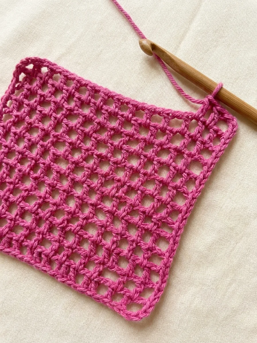 Fuchsia open crochet mesh swatch for a floral crochet tunic