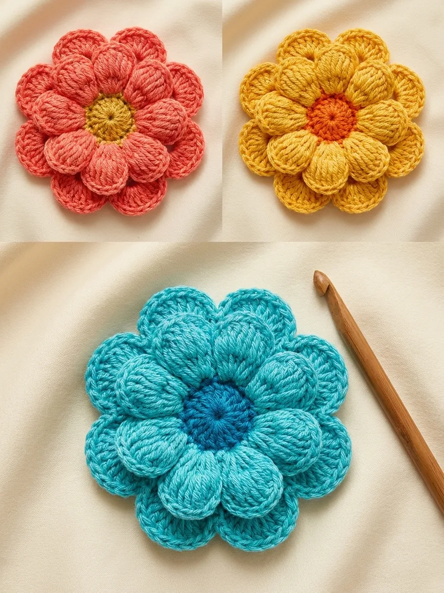 Large layered crochet flowers in coral yellow and turquoise