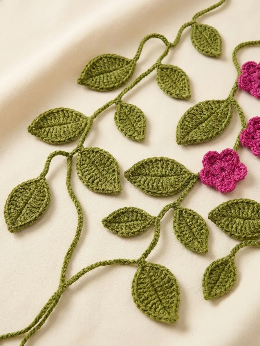 Olive green crochet leaves and vine stems for a floral tunic