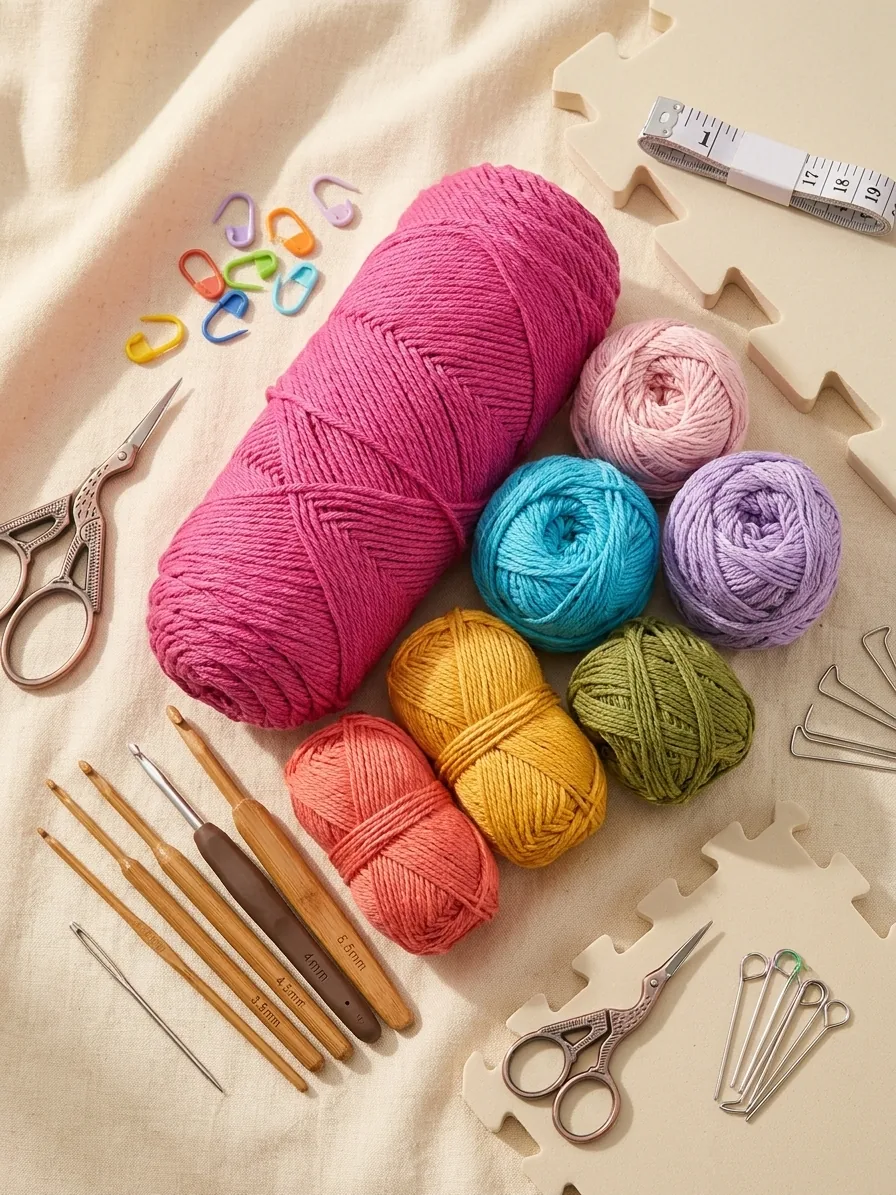 Fuchsia cotton yarn and colorful yarns with crochet tools for a floral tunic