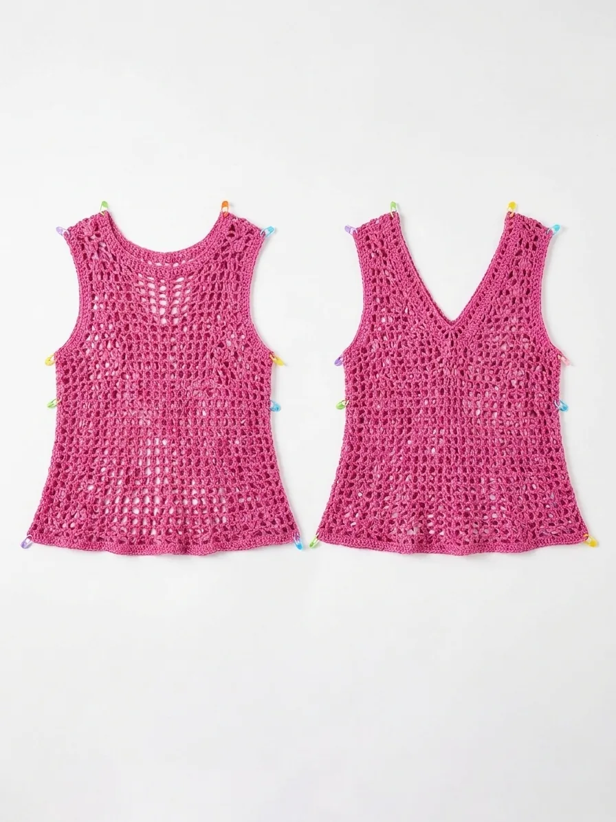 Front scoop-neck and back V-neck crochet tunic panels before seaming