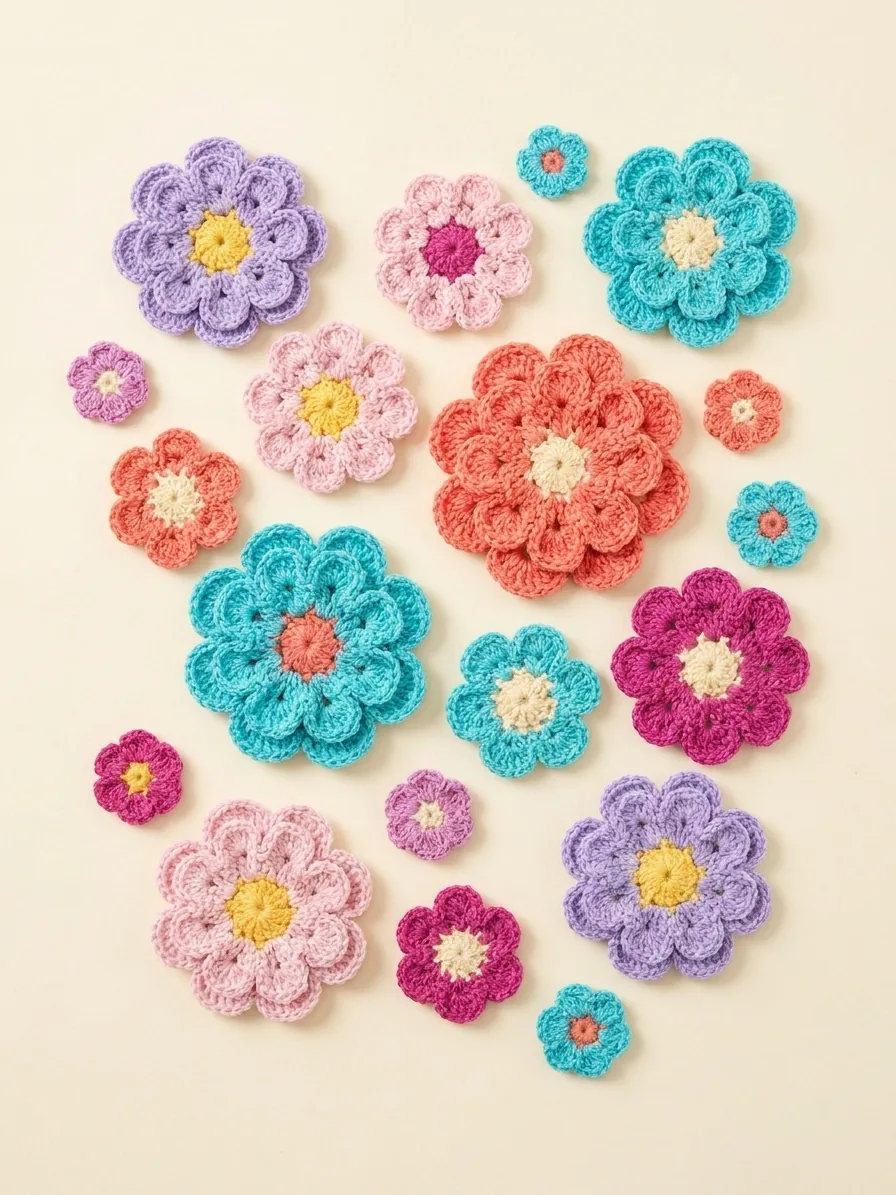 Medium and small crochet flowers in pink blue coral and lavender